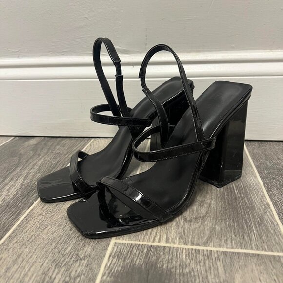 Black Patent Double Strap Sling Back Block High Heels Size 8 - Picture 2 of 2